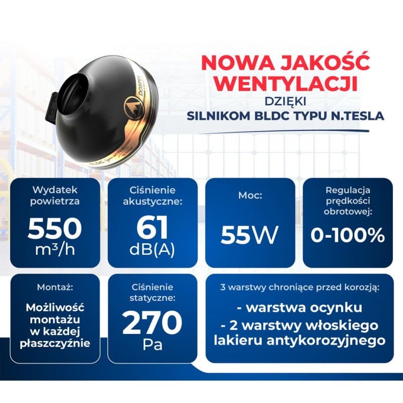 Wentylator kanałowy DOSPEL 007-9250 WK 160mm BLDC Ø160 mm 550 m³/h IPX4 55W cichy