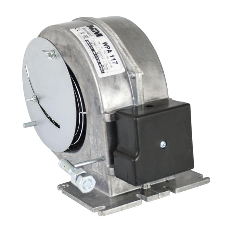 Wentylator piecowy promieniowy z klapką przysłoną MPlusM WPA117KP metalowa turbina