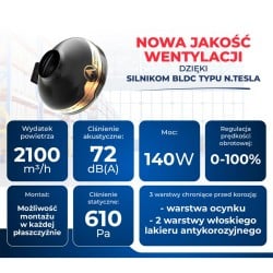 Wentylator kanałowy DOSPEL 007-9253 WK 315mm BLDC Ø315 mm 2100 m³/h IPX4 140W cichy
