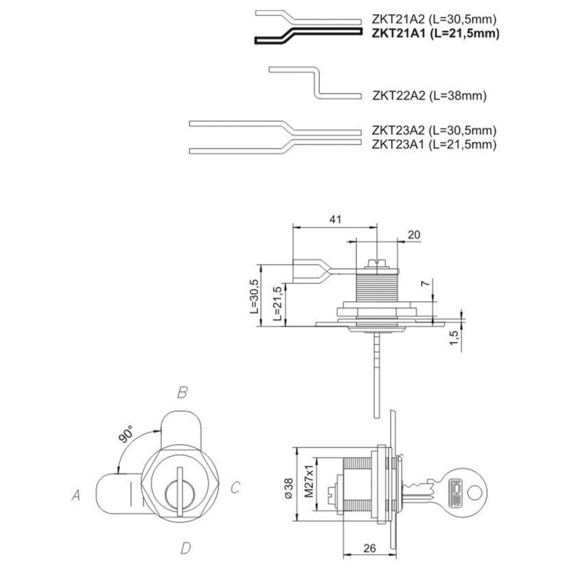 Zamek kasetkowy bębenkowy Lob ZKT21-28-02-A1 fi 27x26mm duży