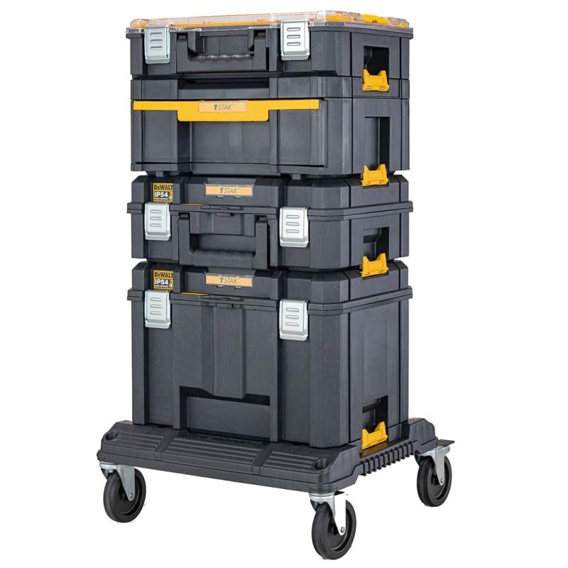 Mobilny zestaw skrzyń na kółkach DeWALT DWST83412-1: 4 walizki STAK SYSTEM oraz platforma na kółkach