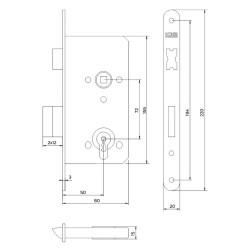 Zamek wpuszczany zastawkowy 72/50 mm LOB Z75 Z75Z-25-01 2 klucze ocynk żółty
