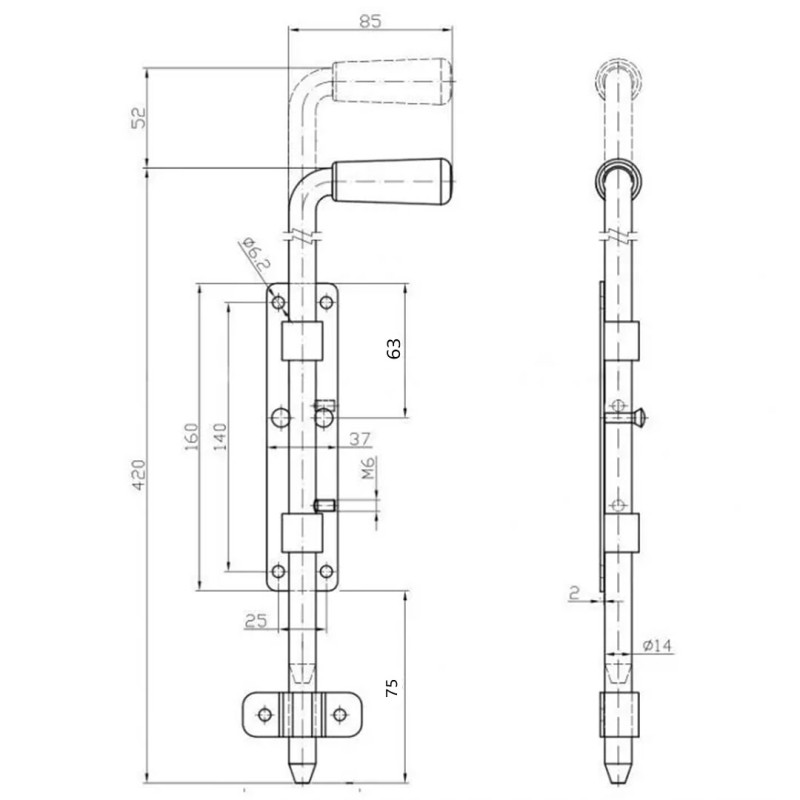 Zasuwa ryglowa Ø14mm L-420mm wąska podstawa ocynk