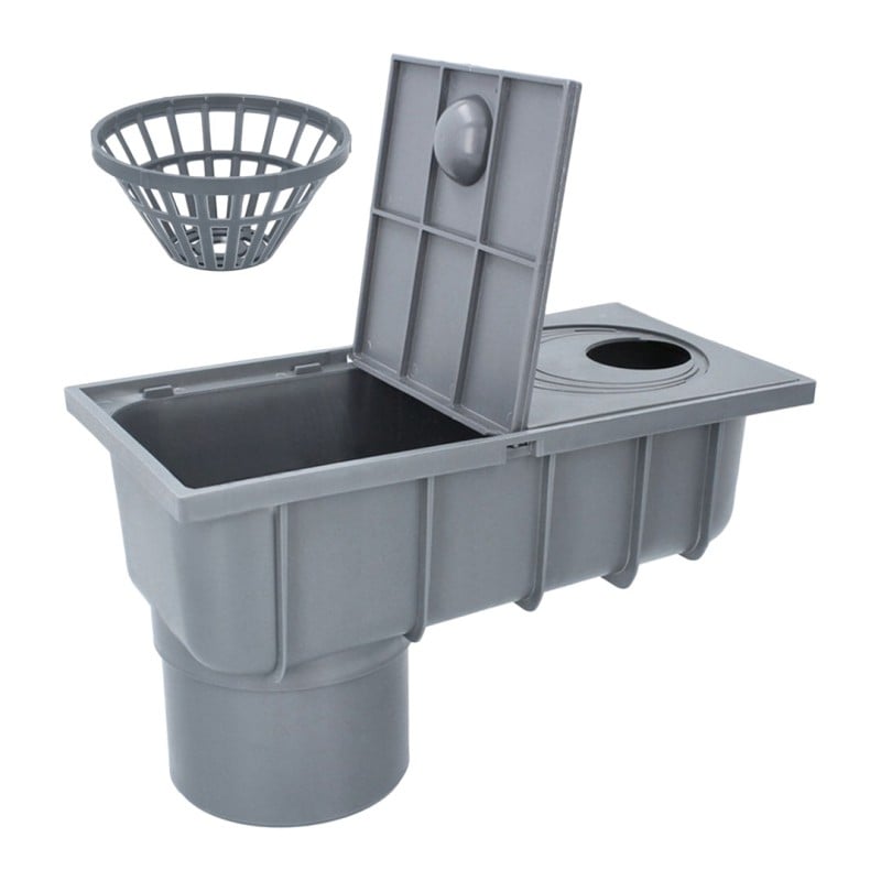 Osadnik rynny rewizja czyszczak AQUER Ø50/110mm dolny z koszykiem szary