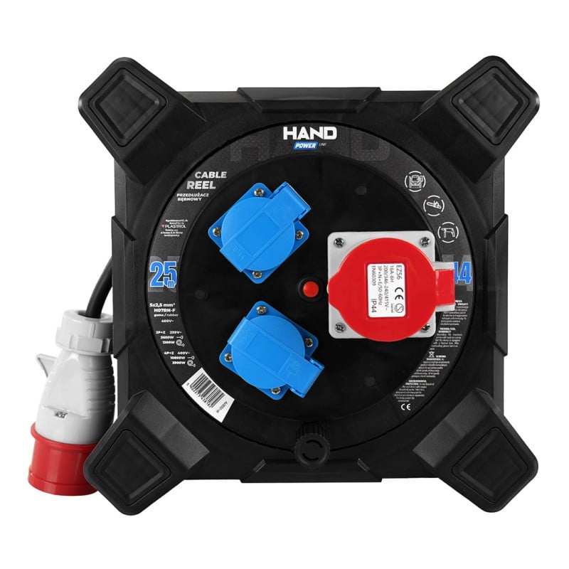 Przedłużacz bębnowy siłowy PLASTROL W-00879 HAND 25m IP44 3gniazda 5x2,5mm kwadratowy czarny
