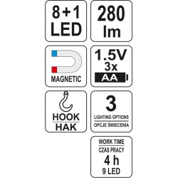 Latarka warsztatowa Yato YT-08513 280lm LED 2w1 magnes hak 3 tryby