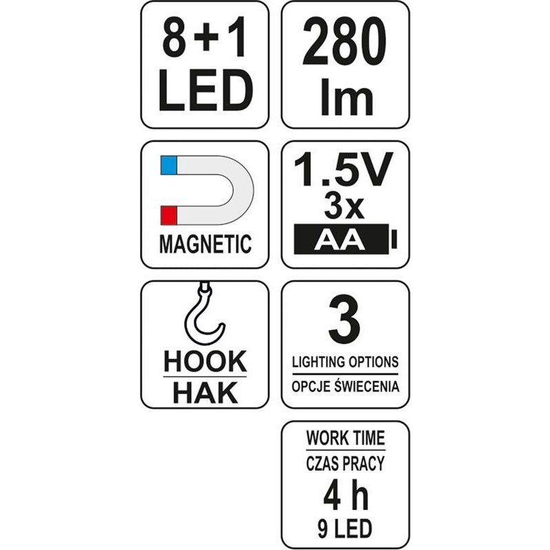 Latarka warsztatowa Yato YT-08513 280lm LED 2w1 magnes hak 3 tryby