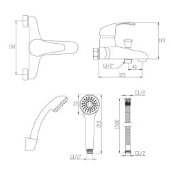 Bateria wannowa naścienna INVENA BW-79-KPL MITRIS z wężem i słuchawką chrom