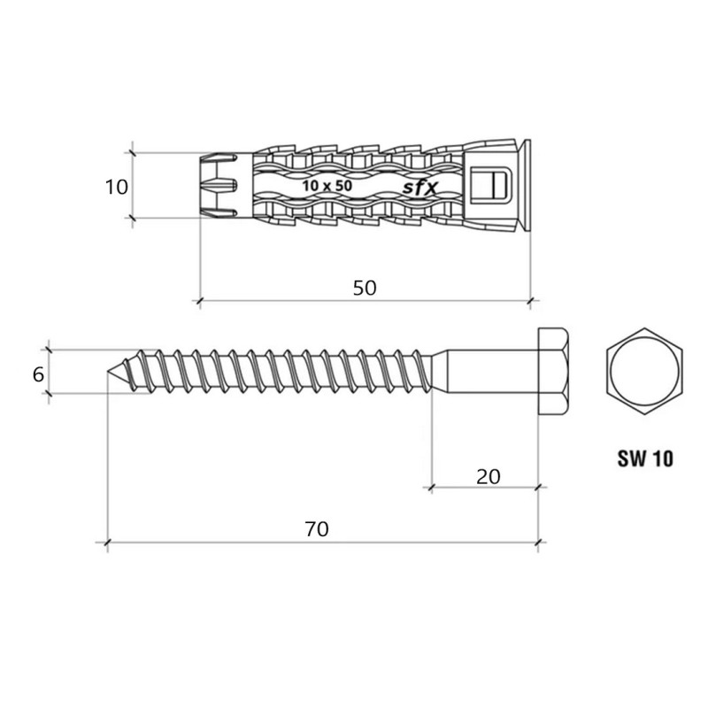 Kołek uniwersalny 10x50mm Wkręt-Met SFXK-10050070 klucz SW-10 nylon 25szt.