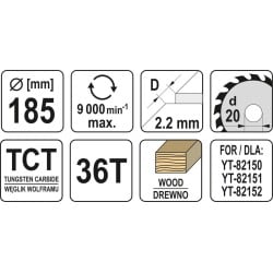 Tarcza do drewna 185x20 mm 36T YATO YT-60622 9000 rpm widiowa