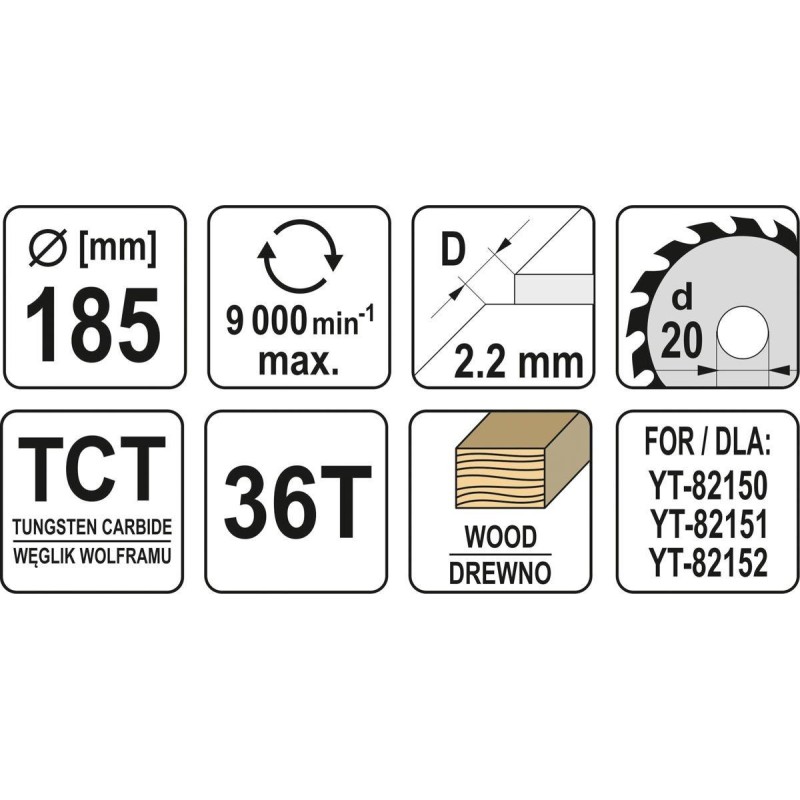 Tarcza do drewna 185x20 mm 36T YATO YT-60622 9000 rpm widiowa