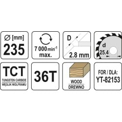 Tarcza do drewna 235x25,4 mm 36T YATO YT-60686 7000 rpm widiowa