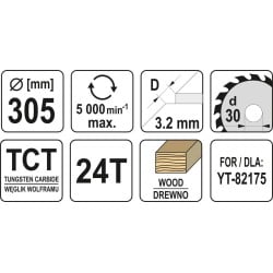 Tarcza do drewna 305x30 mm 24T YATO YT-60782 5000 rpm widiowa