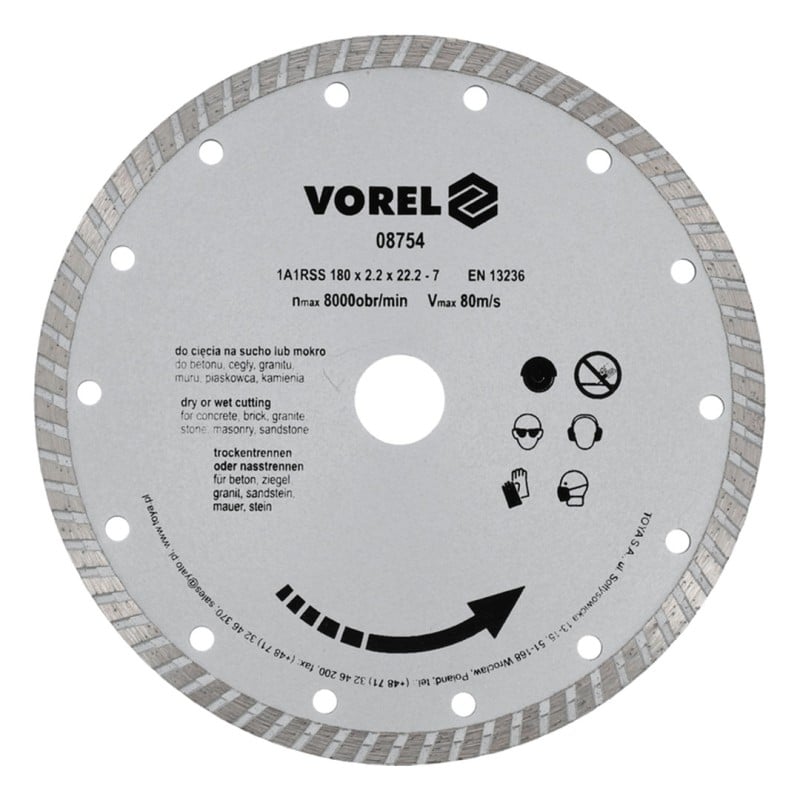 Tarcza diamentowa turbo VOREL 08754 180x2,2x22,2mm sucho/mokro
