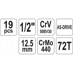 Komplet nasadek z grzechotką YATO YT-38681 AS-DRIVE 1/2’’ 72T 19 cz.