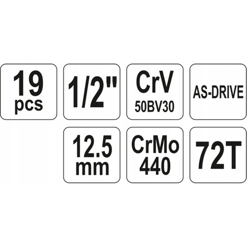 Komplet nasadek z grzechotką YATO YT-38681 AS-DRIVE 1/2’’ 72T 19 cz.