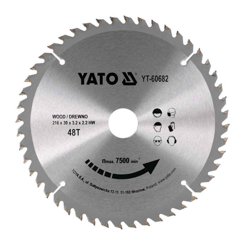 Piła tarczowa do drewna YATO YT-60682 216x30x2,2mm T48 z widią