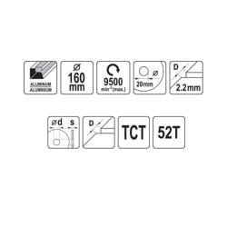 Piła tarczowa widiowa do aluminium YATO YT-60905 160x20x1,5mm T52