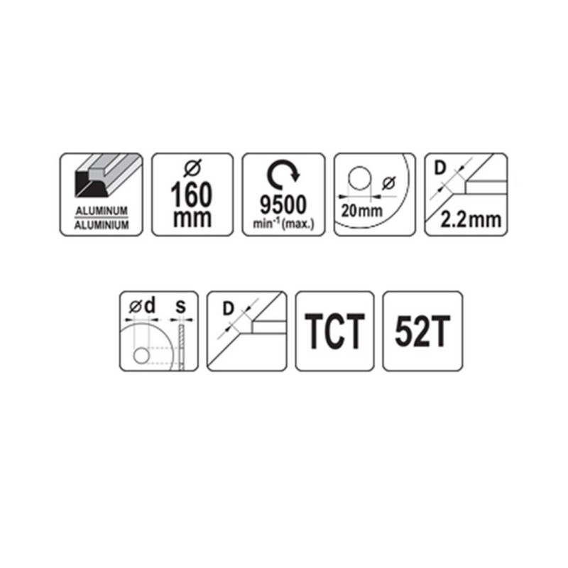 Piła tarczowa widiowa do aluminium YATO YT-60905 160x20x1,5mm T52