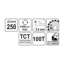 Piła tarczowa widiowa do aluminium YATO YT-6095 250x30x2,2mm 100T