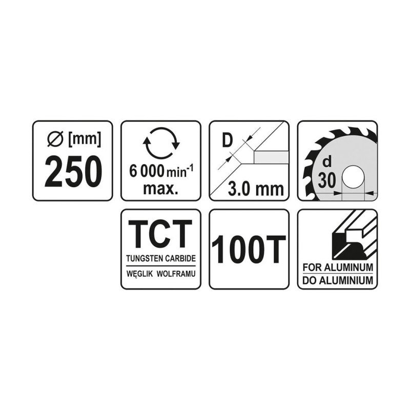 Piła tarczowa widiowa do aluminium YATO YT-6095 250x30x2,2mm 100T