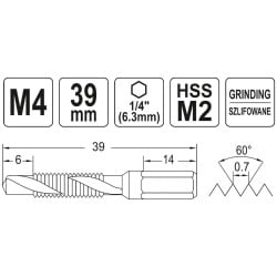 Wiertło-gwintownik YATO YT-44841 HSSM2 M4 HEX 1/4’’ 39mm