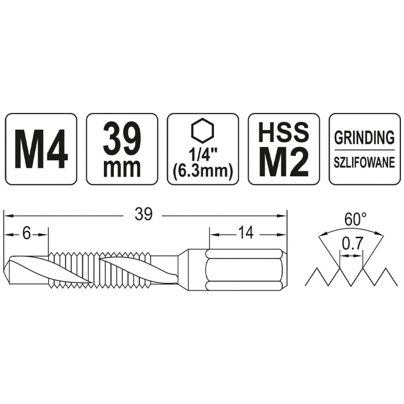 Wiertło-gwintownik YATO YT-44841 HSSM2 M4 HEX 1/4’’ 39mm