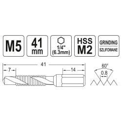 Wiertło-gwintownik YATO YT-44842 HSSM2 M5 HEX 1/4’’ 41mm