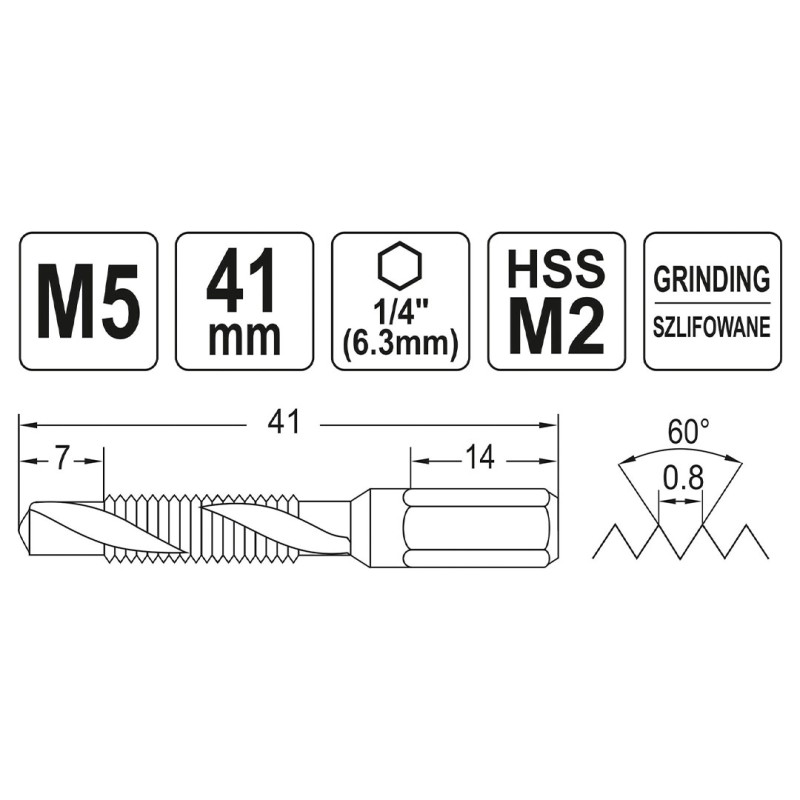 Wiertło-gwintownik YATO YT-44842 HSSM2 M5 HEX 1/4’’ 41mm