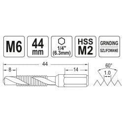 Wiertło-gwintownik YATO YT-44843 HSSM2 M6 HEX 1/4’’ 44mm