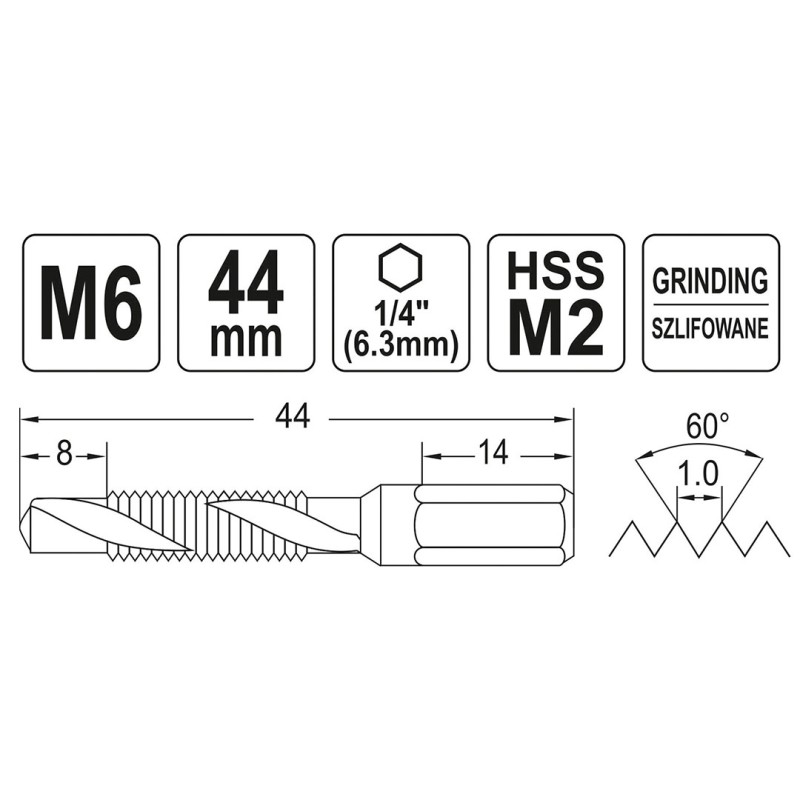 Wiertło-gwintownik YATO YT-44843 HSSM2 M6 HEX 1/4’’ 44mm