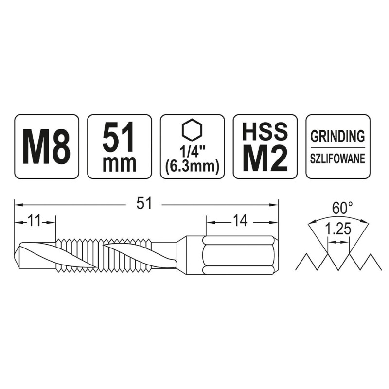 Wiertło-gwintownik YATO YT-44845 HSSM2 M8 HEX 1/4’’ 51mm