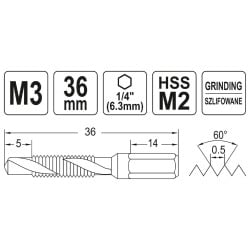 Wiertło-gwintownik YATO YT-44840 HSSM2 M3 HEX 1/4’’ 36mm