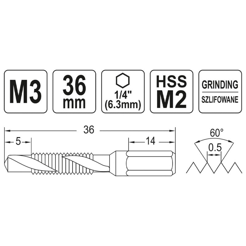 Wiertło-gwintownik YATO YT-44840 HSSM2 M3 HEX 1/4’’ 36mm