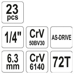 Zestaw narzędziowy YATO YT-14421 AS-DRIVE CrV 1/4’’ 23elem. walizka