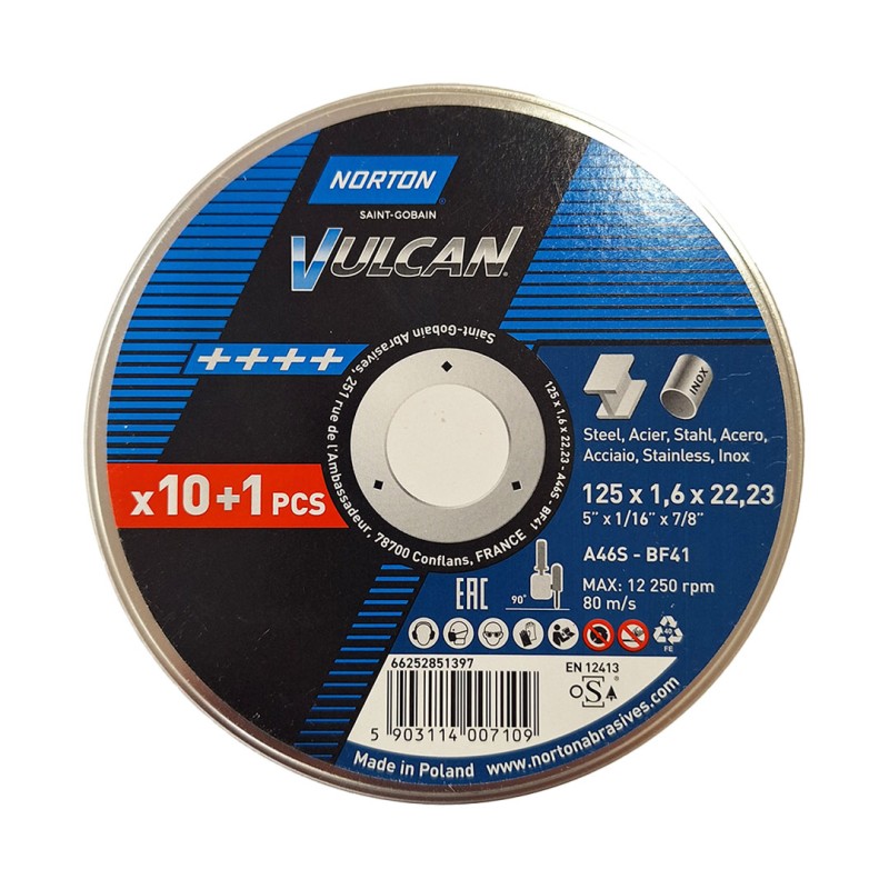 Tarcza do cięcia metalu NORTON VULCAN INOX 125x22,23x1,6 A46S-BF41 dysk 11szt.
