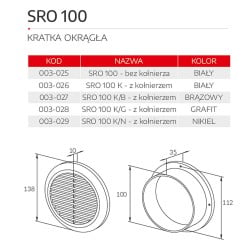 Kratka wentylacyjna okrągła SRO Ø100 Biała ABS Bez Kołnierza 138 mm
