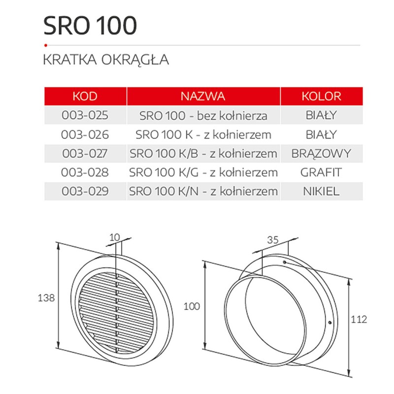 Kratka wentylacyjna okrągła SRO Ø100 Biała ABS Bez Kołnierza 138 mm