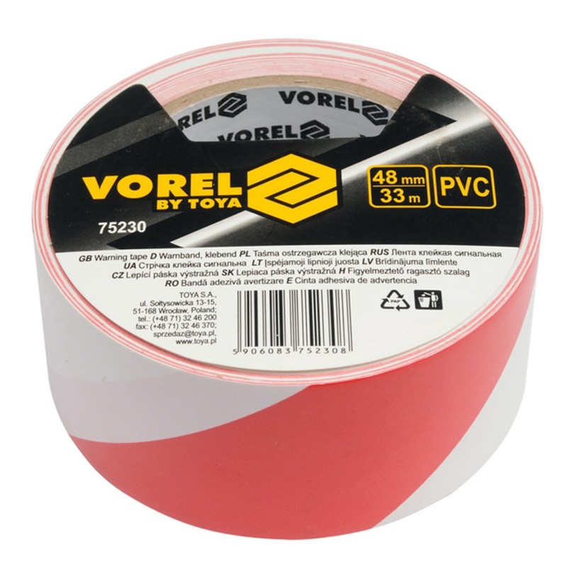 Taśma ostrzegawcza samoprzylepna Vorel 75230 48mm x 33m PVC biało-czerwona