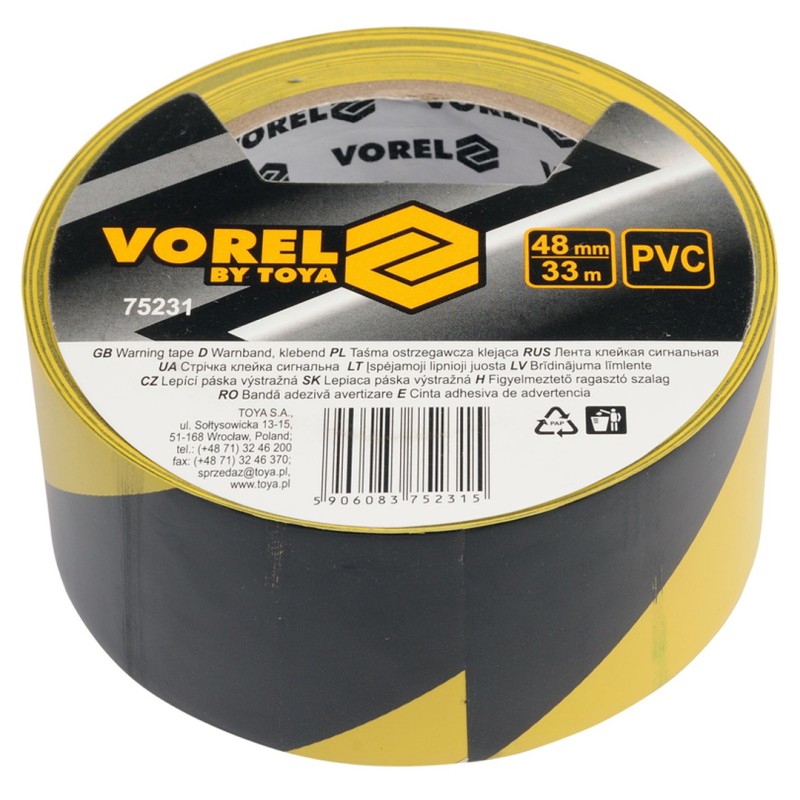 Taśma ostrzegawcza samoprzylepna Vorel 75231 PVC 48 mm x 33 m żółto-czarna