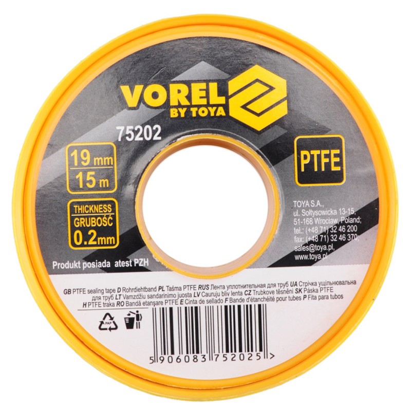 Taśma PTFE Vorel 75202 15 m 19 mm 0,2 mm do uszczelniania gwintów biała