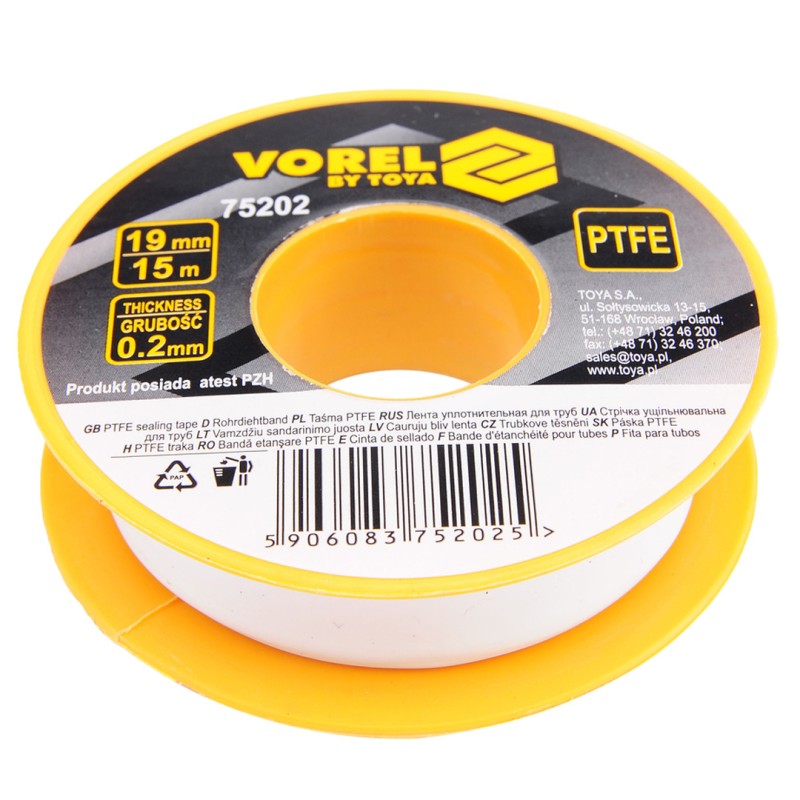 Taśma PTFE Vorel 75202 15 m 19 mm 0,2 mm do uszczelniania gwintów biała